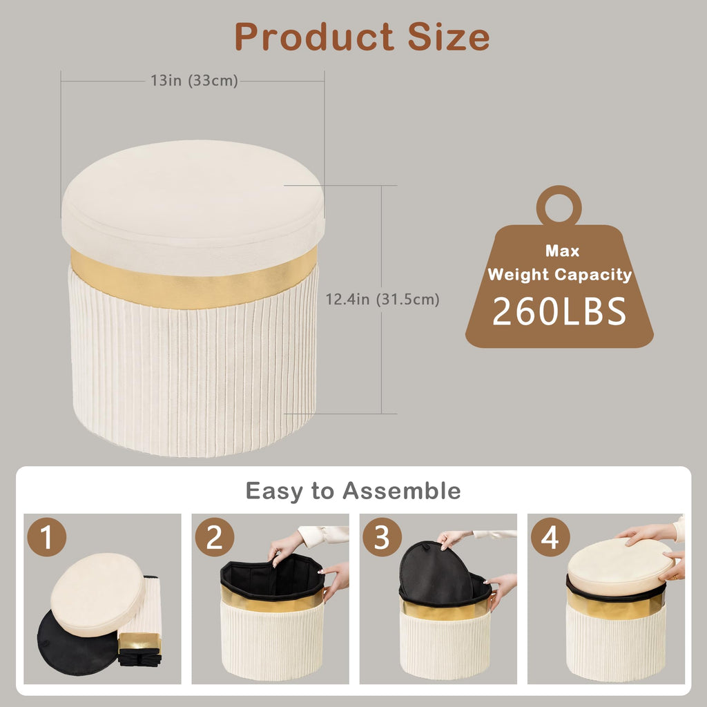 Small Ottoman with Storage, Folding Round Ottoman with Gold Trim, Velvet Storage Stool, Foot Stool with Soft Padded, Foot