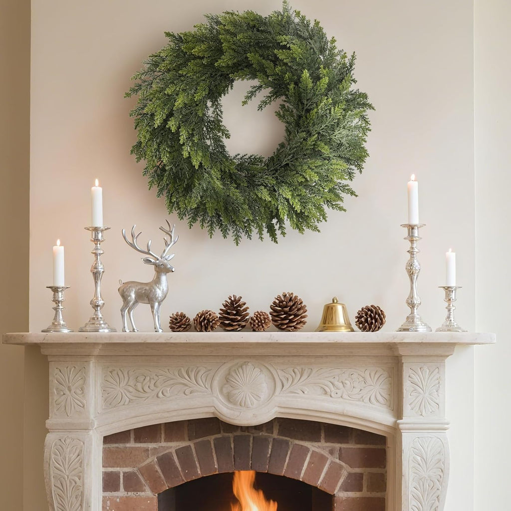 26" Christmas Cedar Wreaths for Front Door, Real Touch Handmade Full Artificial Cedar Wreath Set, Faux Greenery