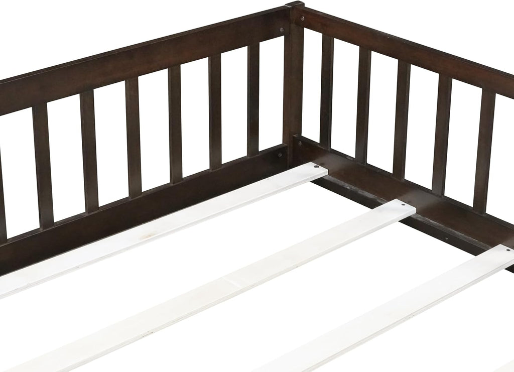 Floor Bed for Kids, Girls, Boys, Rubber Wood Floor Bed with slats and Door/Rails/Fence, Espresso