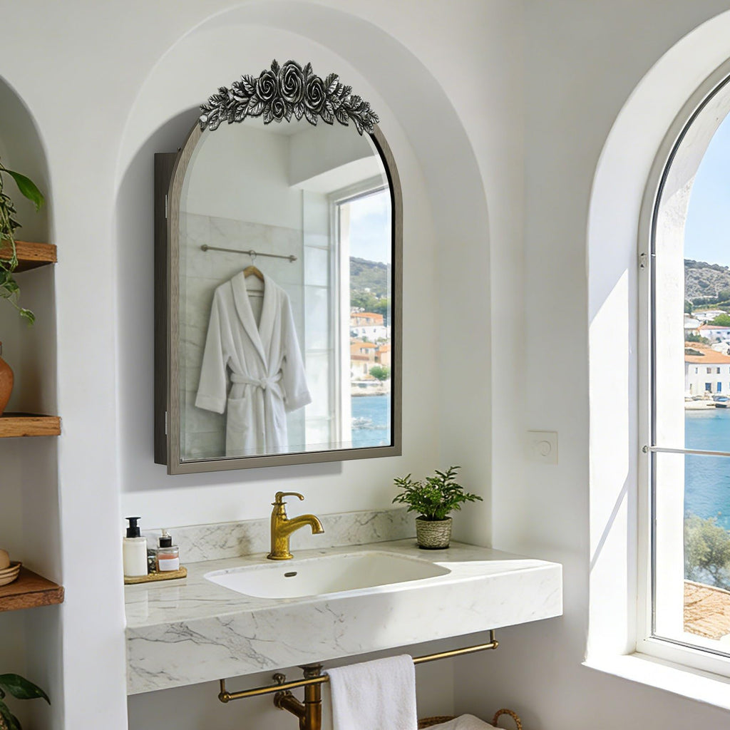 Baroque Mirror Medicine Cabinet: Arch Frame Rose-top, Chrome Grey