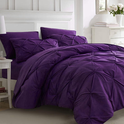 Ubauba 7pc Purple Comforter Set Queen with Sheets, Pintuck 7 Piece Bedding Comforters Bed in a Bag for All Season