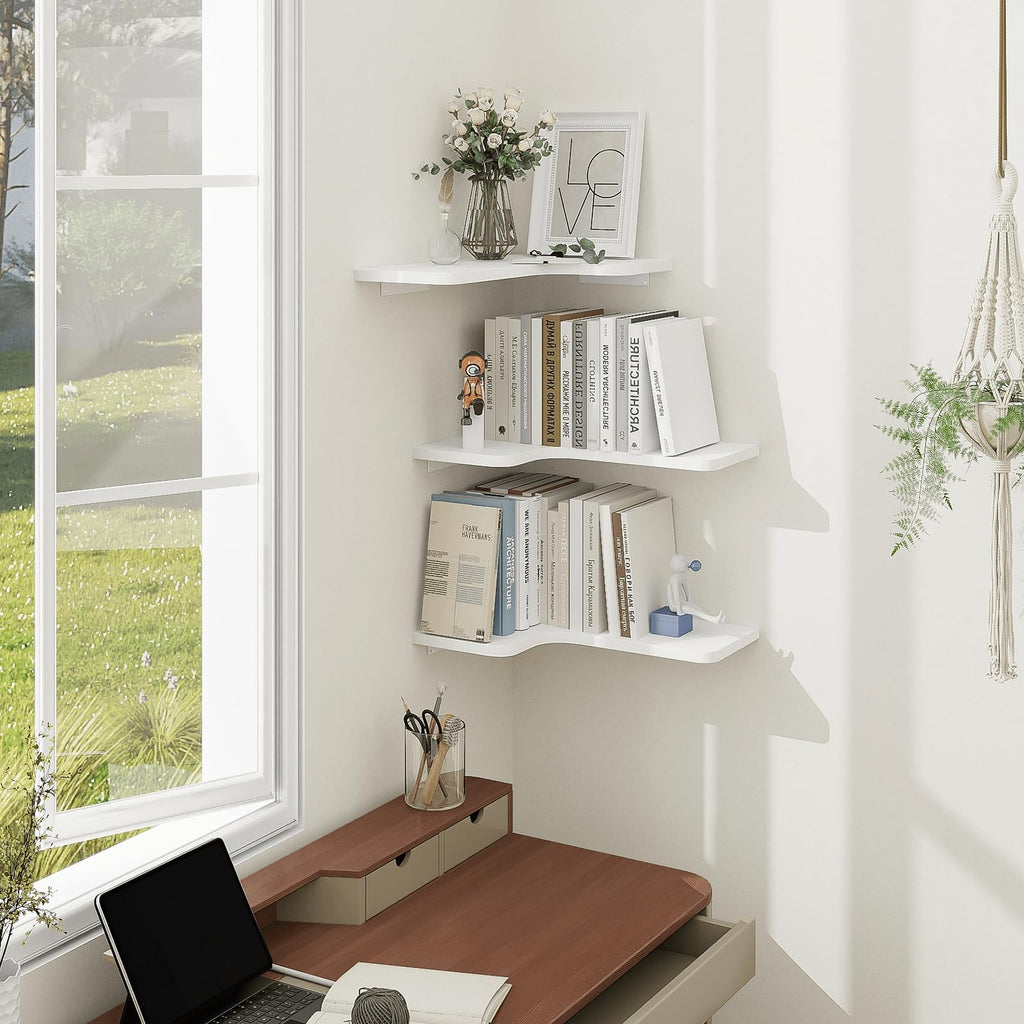 Corner Floating Shelves, Set of 3 Corner Wall Shelves with Wire Hole, L-Shaped Wood Hanging Storage Shelf for Wall
