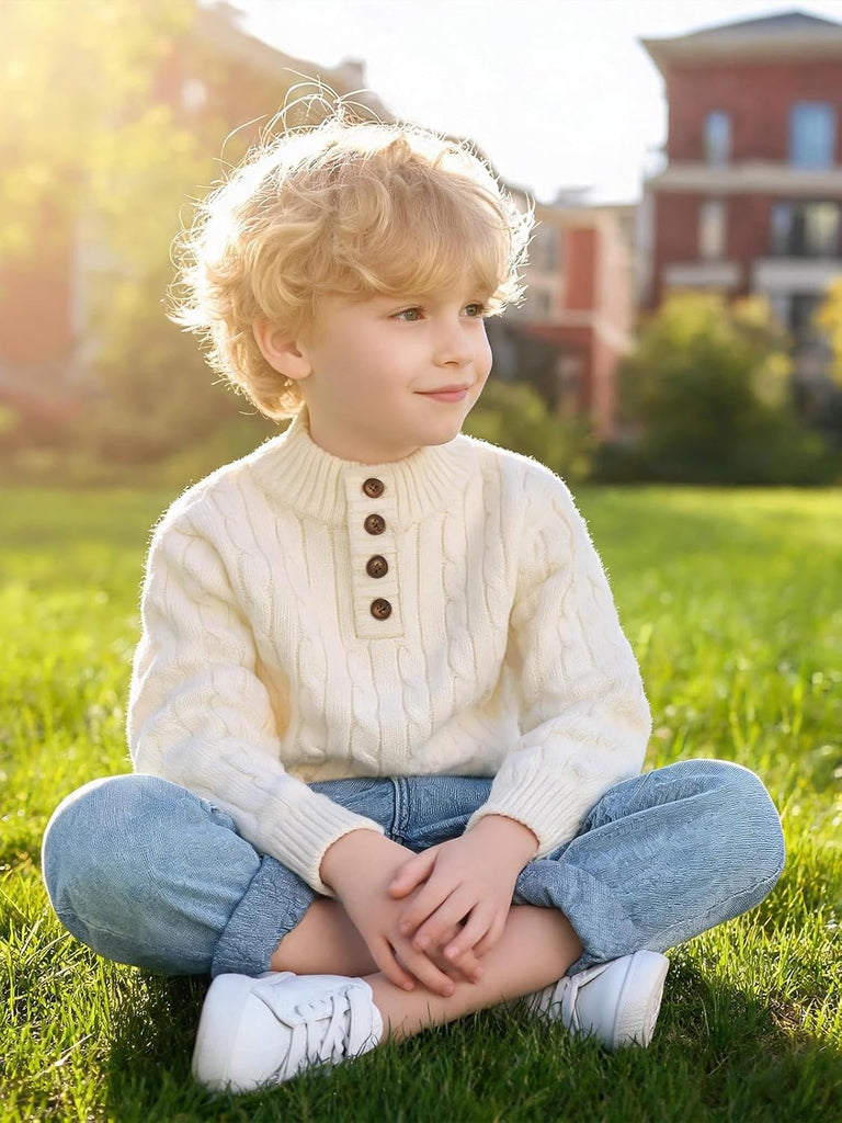 Boys Sweater Toddler Mock Neck Pullover Tops Button Cable Knit Sweaters