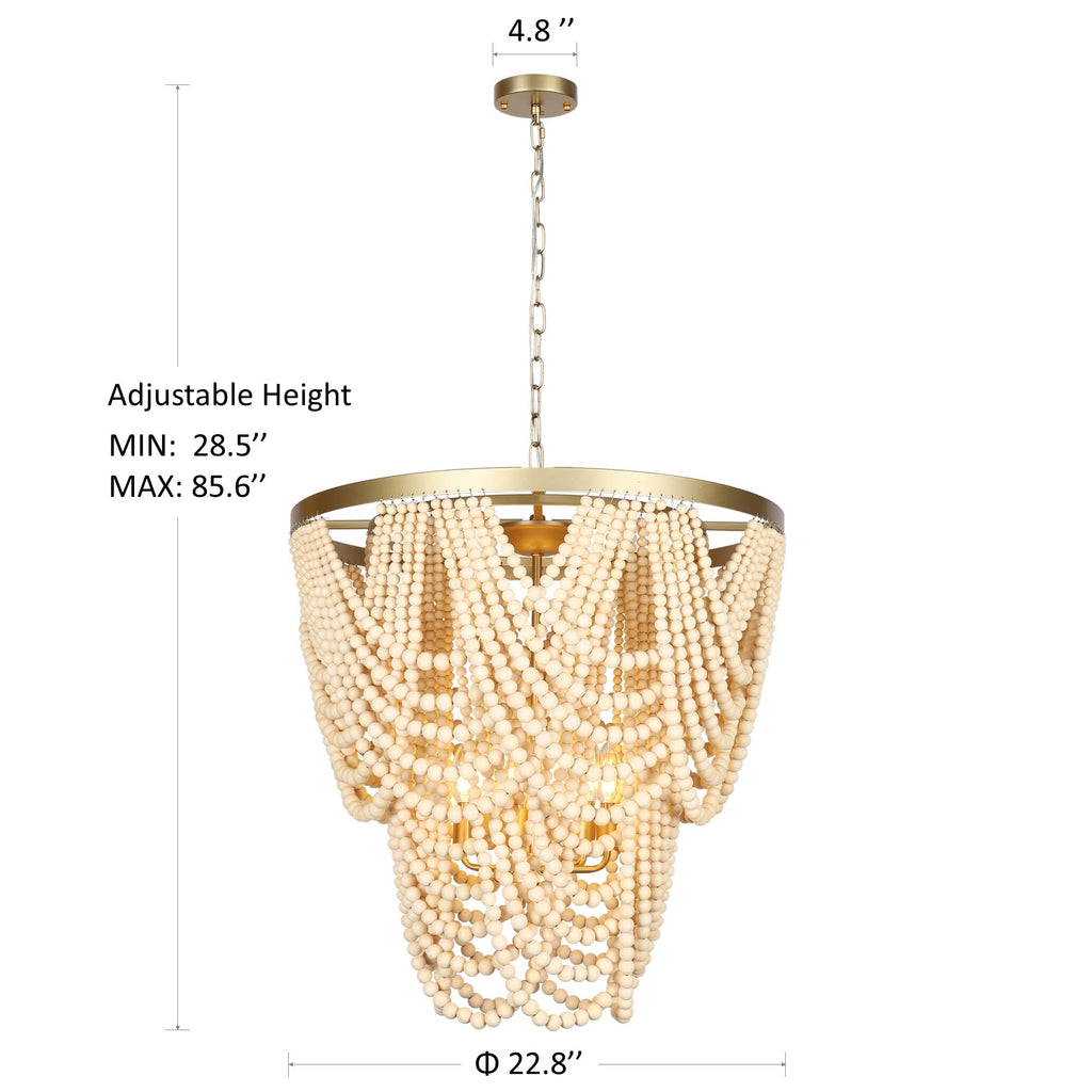 6-Light Bohemia Wood Beaded Chandelier, Coastal Pendant Light, Modern Farmhouse Light Fixtures, Gold and Oak Finish