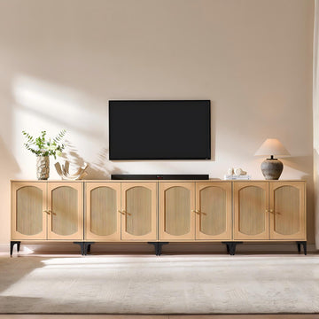 123.6" W Fluted Arched Buffet Cabinet with Storage, Natural Oak