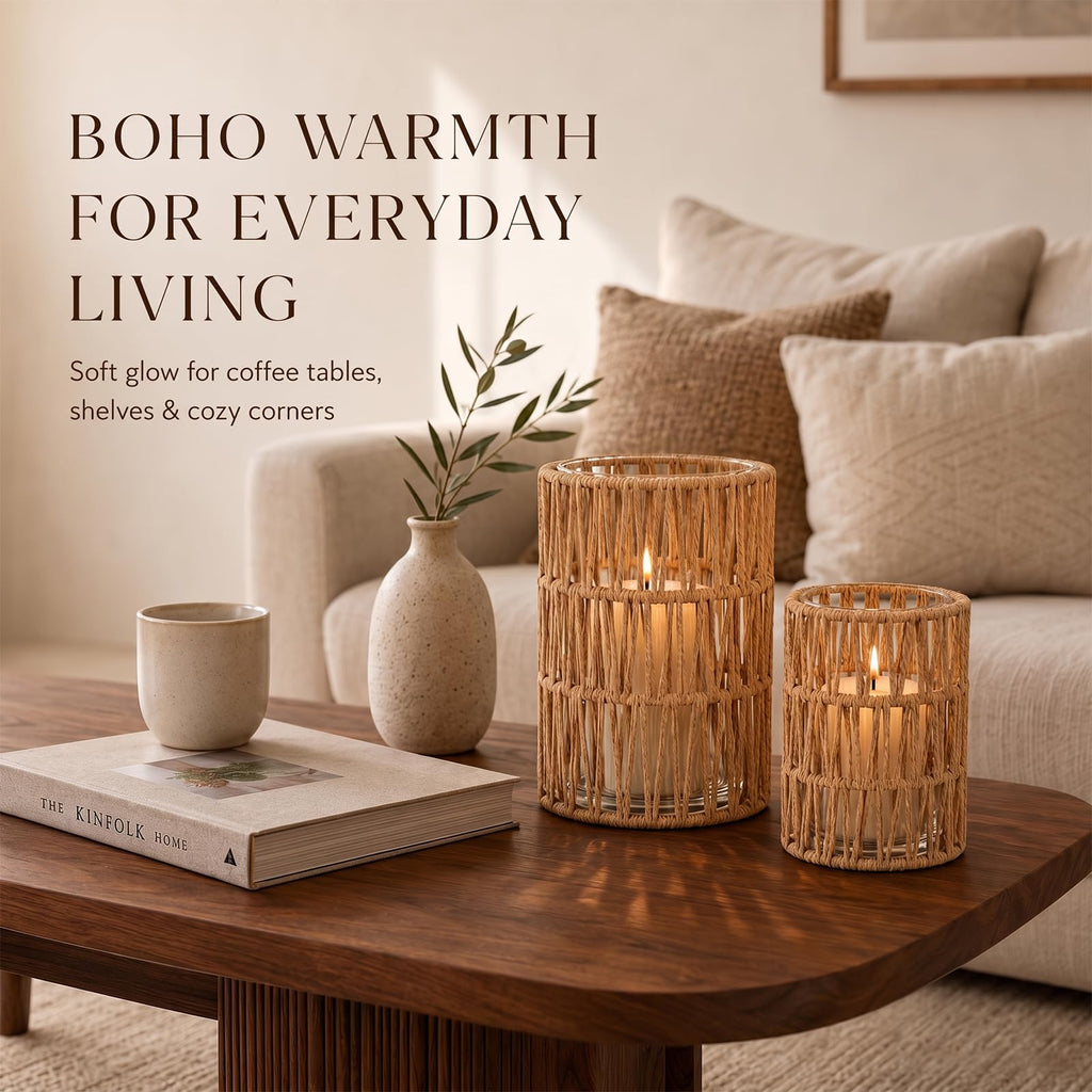 Rattan Candle Lantern Set of 2, Handwoven Boho Lanterns Decorative