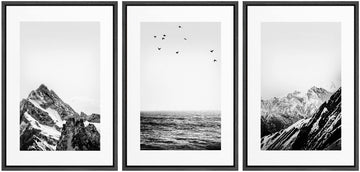 Framed Canvas Print Wall Art Set Black White Snowy Winter Mountain Landscape Nature Wilderness Photography Modern Art