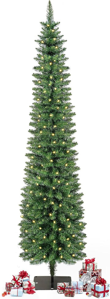 Green Pencil Artificial Christmas Tree Pre-Lit with Warm Lights, Slim Xmas Tree