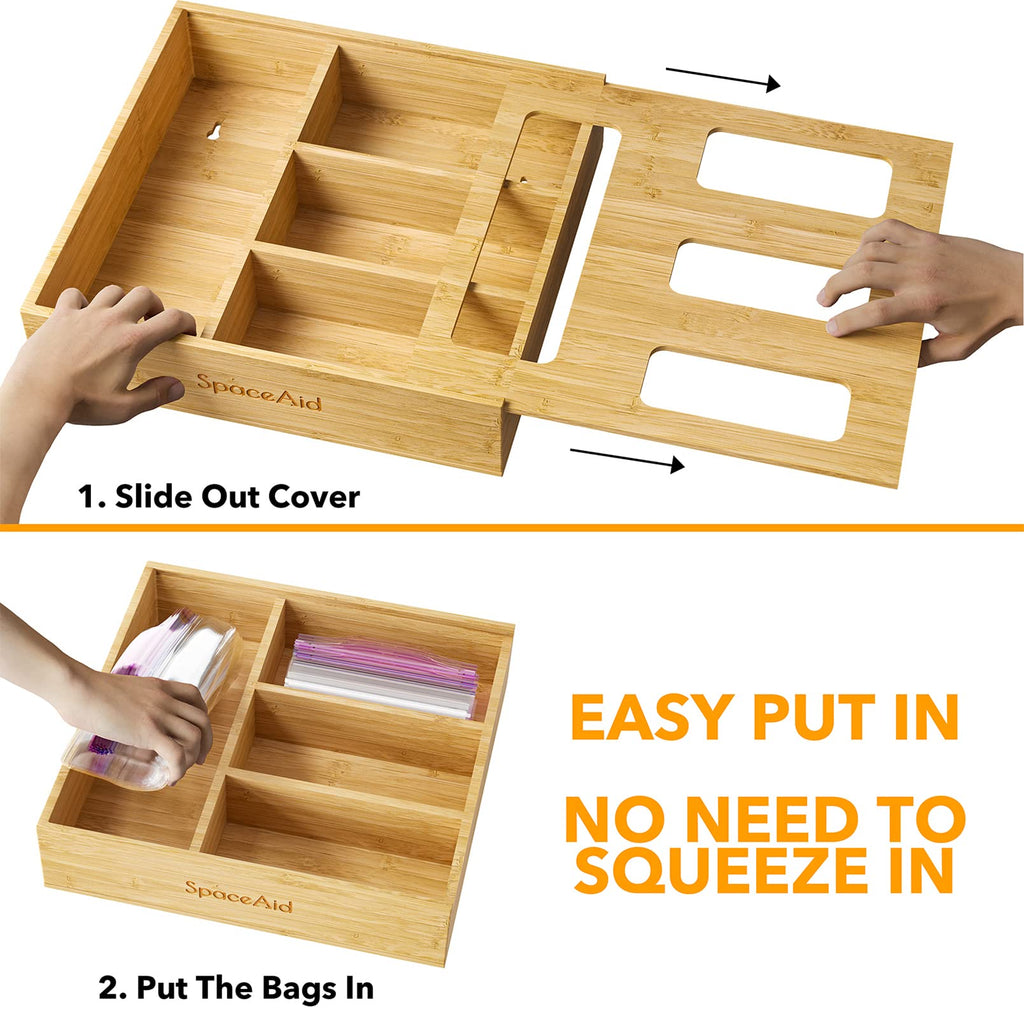 Bag Storage Organizer Drawer, Bamboo Organizer, Compatible with Gallon, Quart, Sandwich and Snack Variety Size Bag (1