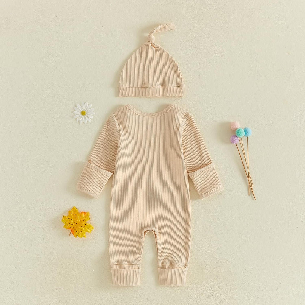 Newborn Baby Boy Girl Ribbed Romper Knot Hat Coming Home Outfits