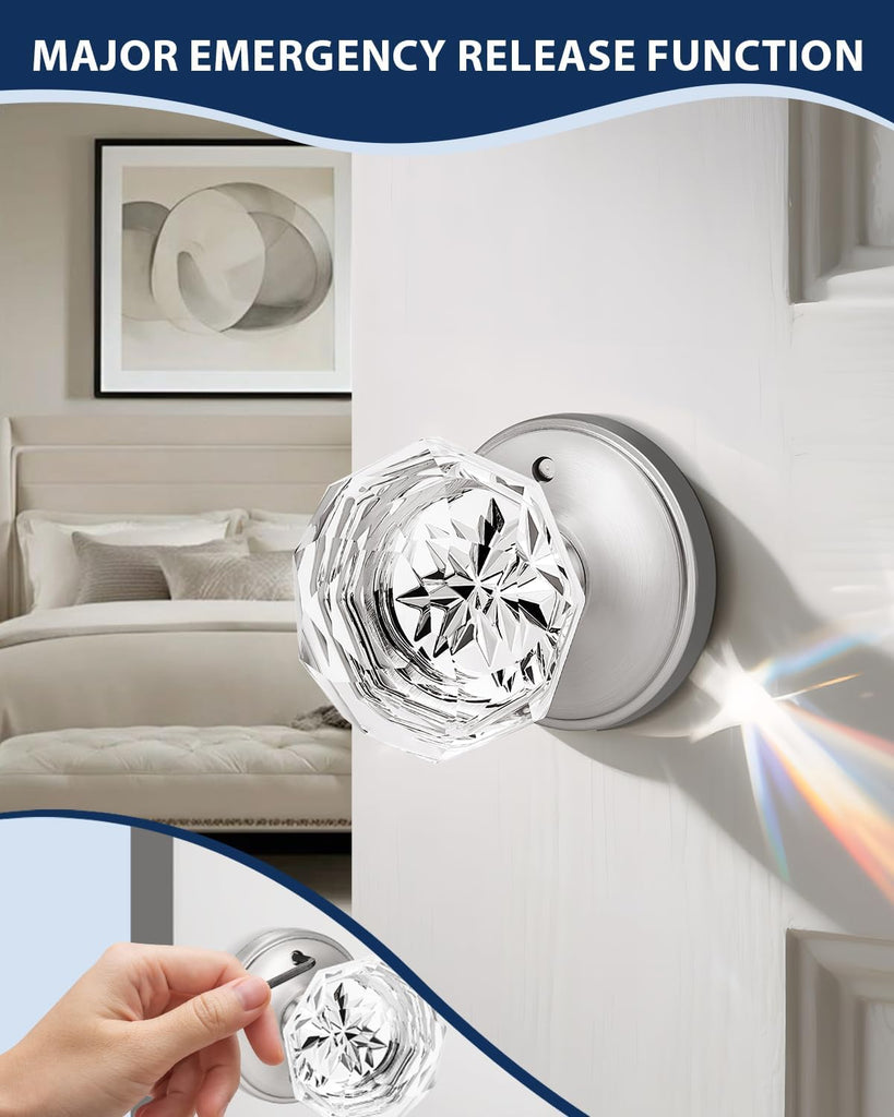 1 Pack Diamond Crystal Door Knob, Privacy Door Handle /Bathroom, Interior Keyless Door Knob with Pin Lock, Zinc Alloy