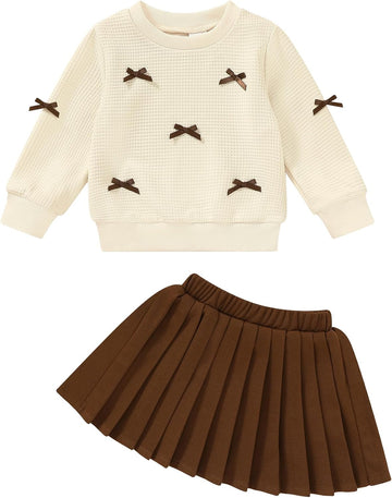 Toddler Girl Fall Winter Clothes Waffle Knit Sweatshirt Pleated Skirt Set