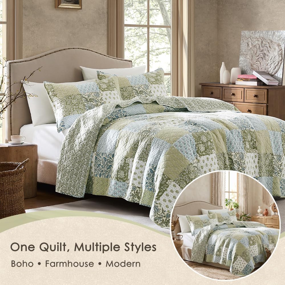 100% Cotton Reversible Patchwork Quilt Queen, Lightweight Farmhouse Vintage Shabby Chic Bedding Set with 2 Pillow