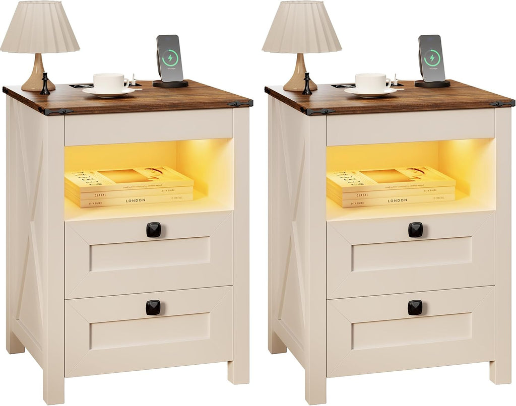LED Nightstand Set of 2 with Gun Drawer: Bedside Table with Charging Station Furniture - Farmhouse Night Stand with 3