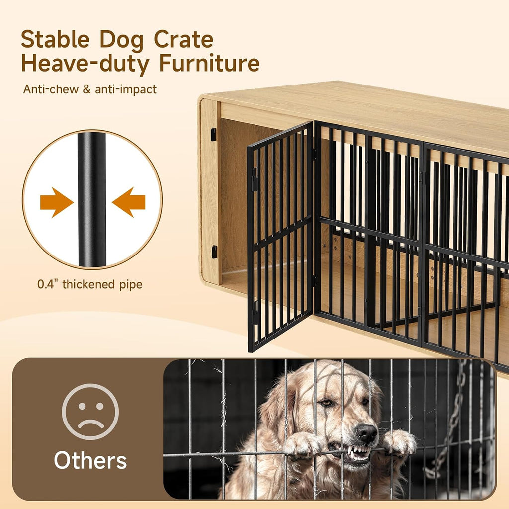 74" Double Dog Crate Furniture TV Stand for Large Dogs, Natural Oak