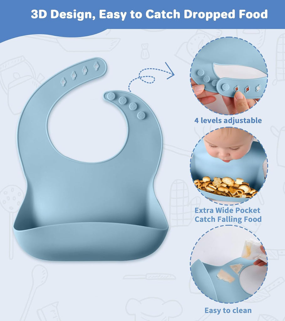 Feeding Set, Baby Led Weaning Supplies Includes Suction Bowl and Divided Plate, Adjustable Bib, Soft Spoons