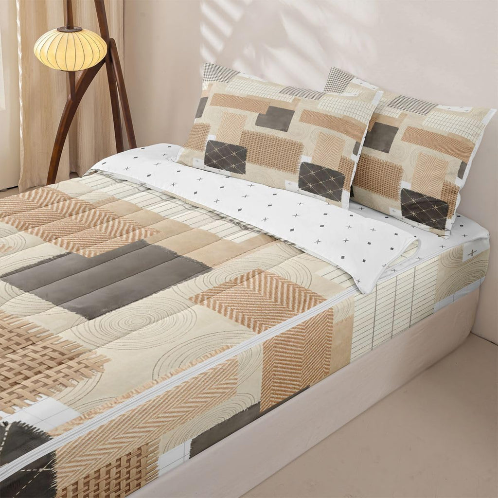 Patchwork Grid Zipper Comforter Set, Boho Abstract Grid Circle Queen Size Bedding Sets, Modern Farmhouse 1 Zipper