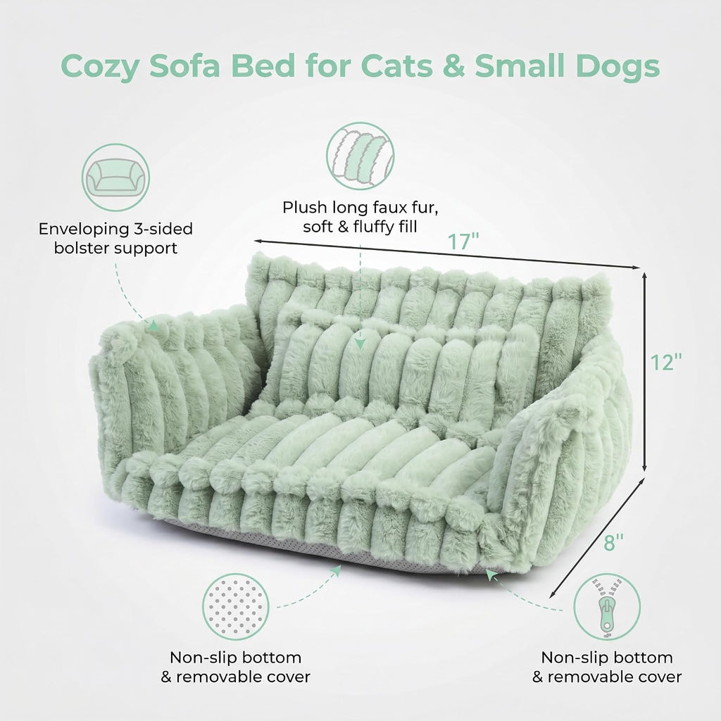 Fluffy Pet Couch Bed for Cats & Small Dogs, 3-Sided Bolster Calming Dog Sofa with Ultra-Soft Long Faux Fur, Removable