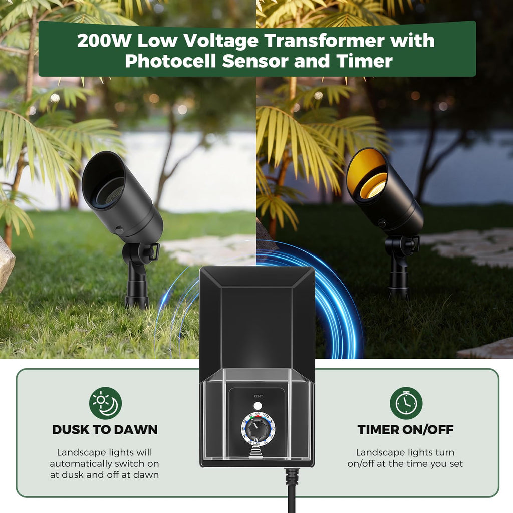 Complete Low Voltage Landscape Lighting Kit, 12-Pack 5W Spotlights with Smart Fastlock Connectors, 200W Transformer &