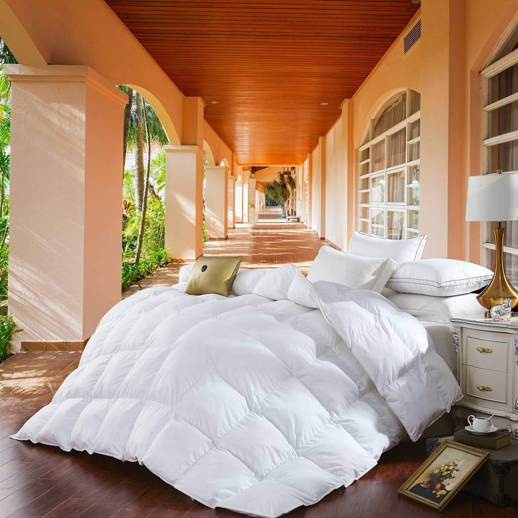 Twin Size Luxurious Goose Down Alternative Comforter, 100% Egyptian Cotton Cover, Solid White Color, 750 Fill Power