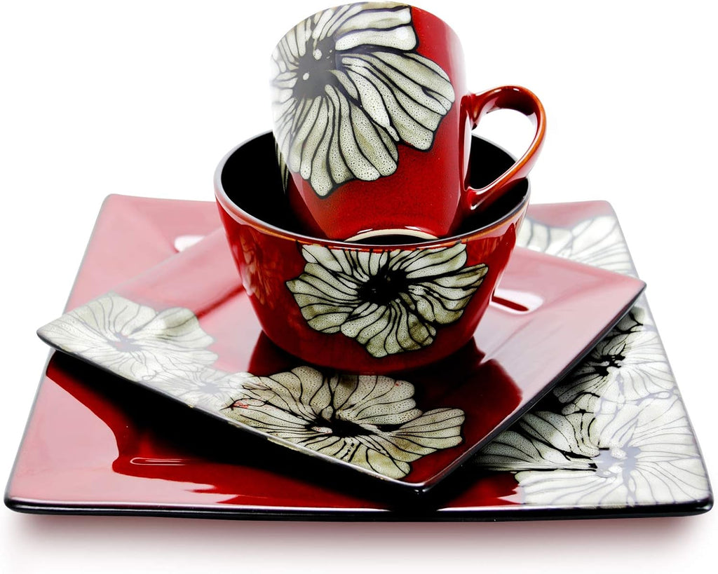 S Luxurious Red Winter Bloom 16 Piece Dinnerware Set with Complete Settign for 4