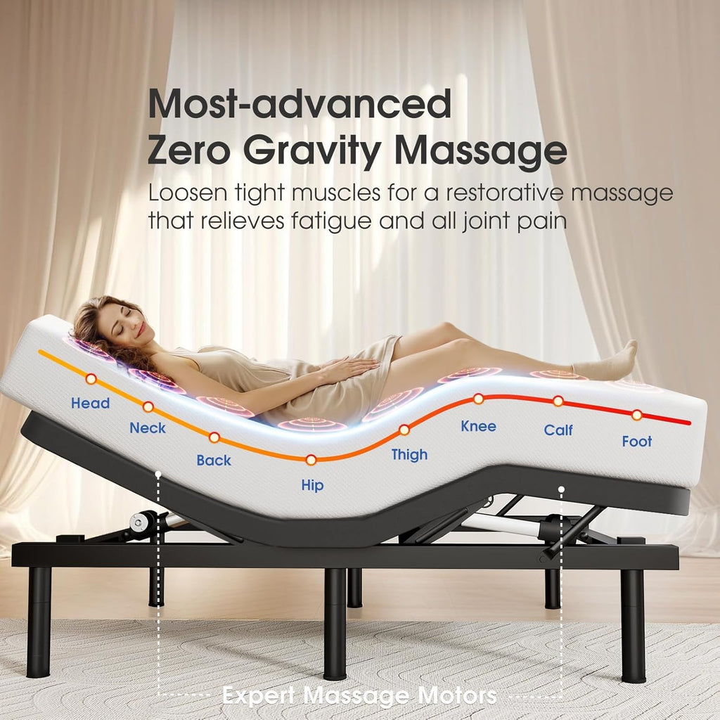 Split King Adjustable Bed Frame with Massage, Ergonomic Head & Foot Incline - Luxury Zero Gravity Electric Base - Set of 2