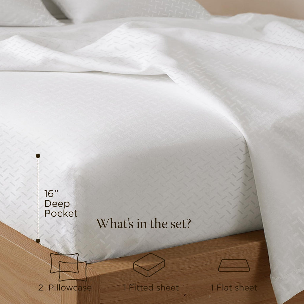 300 Thread Count Cotton Queen Sheet Set, Sateen, Jacquard, White