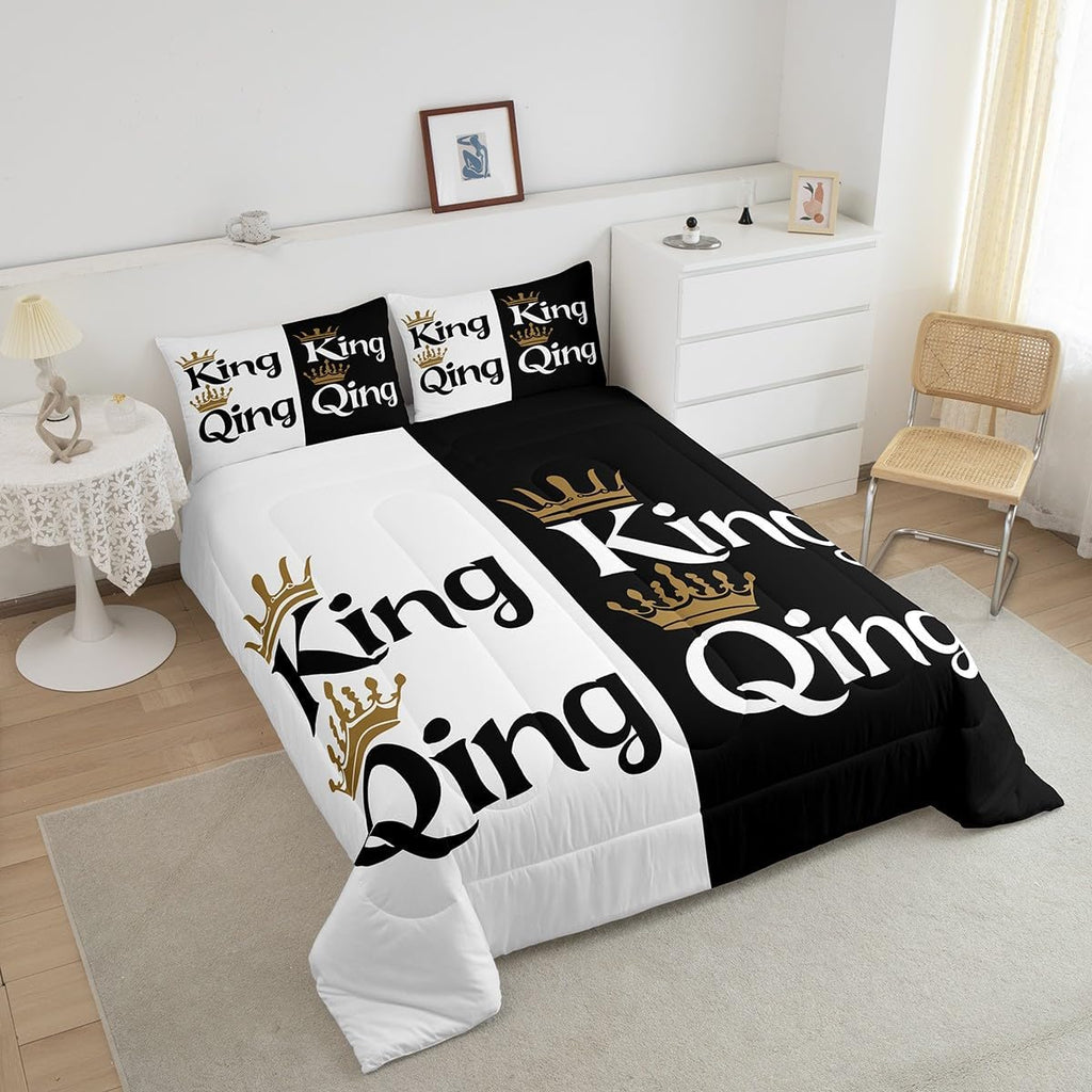 Erosebridal King and Queen Crown Comforter Set Black White Couple Bedding Set for Adult Women Men,His Her Mr Mrs Quilt