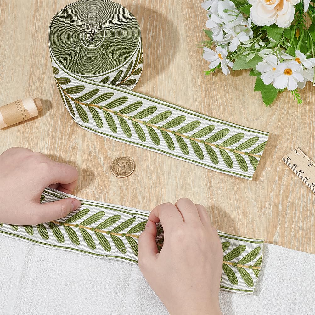 Jacquard Ribbon Trim 2.4 Inch Leaf Pattern Jacquard Polyester Ribbons White Green Leaf Jacquard Woven