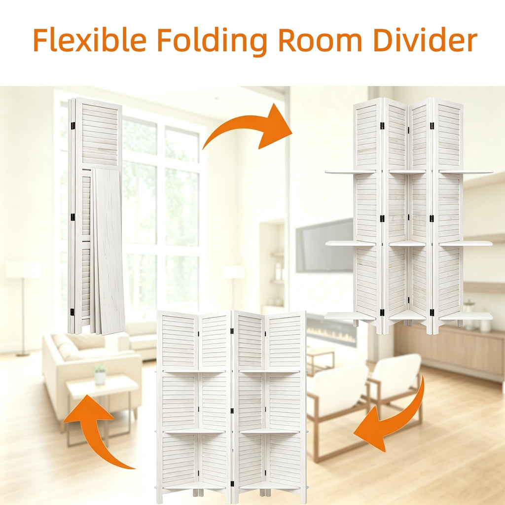 4 Panel Room Divider with Shelves, 67" H Fold Screen, Vintage White