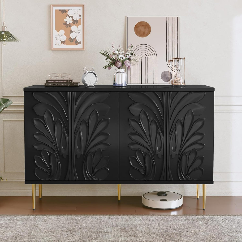 Sideboard Buffet Cabinet with 3D Flower Pattern, Accent Cabinet with 4 Doors & Adjustable Shelves