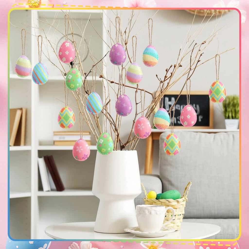 Felt Easter Egg Tree Ornaments 3D Hanging Egg Decoration for Tree with Flower Colorful Stripes Felt Easter - Set of 20