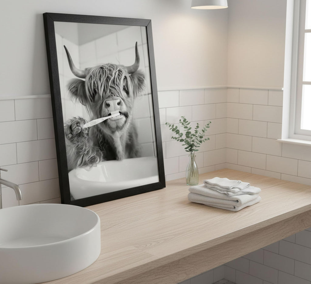 Black Framed-Funny Highland Cow Brushing Teeth Wall Art, Black and White Bathroom Animal Canvas Print, Retro Farmhouse