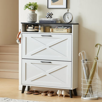 Narrow Shoe Cabinet with 2 Flip Drawers, White