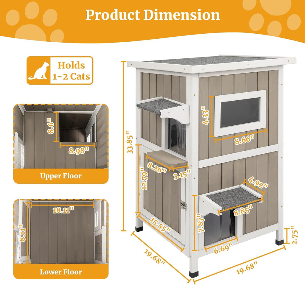 2-Story Outdoor Cat House, Weatherproof Wooden Feral Cat Shelter with Openable Roof, PVC Curtains, Transparent