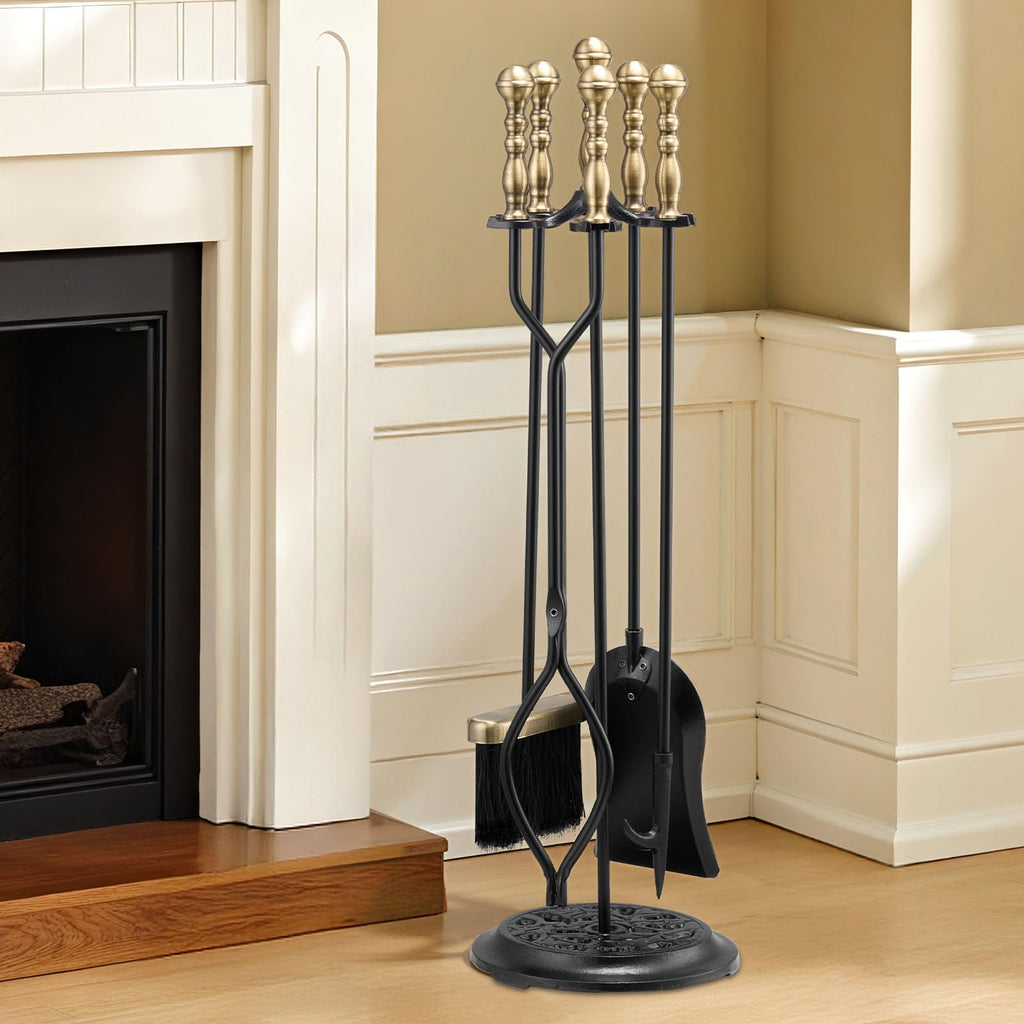 Fireplace Tool Set, 5 PCS Fire Tool Set and Holder with Five-Prong Stand, Tongs, Ash Shovel, Brush, Fire Place Poker