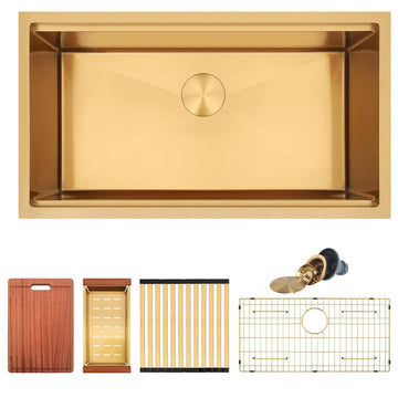 Gold Undermount 33 Inch, 16 Gauge Stainless Steel All In One Workstation Sinks With Full Set Accessories, 33" x