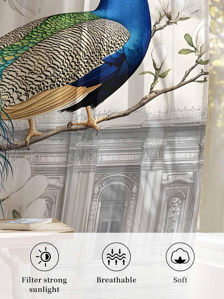 Luxury Peacock Sheer Curtains 96 Inches Long 2 Panels Set, Window Sheer Curtains , Watercolor Vintage Floral Attic