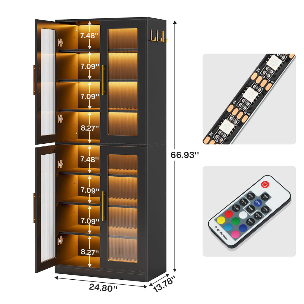 Black Shoe Storage Cabinet with Acrylic Doors and LED Lights, 8-Tier Tall Entryway Shoe Organizer Rack with