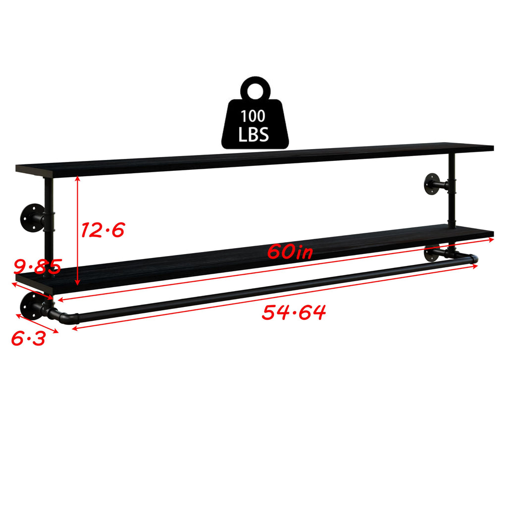 Black Clothes Rack 60in, 2-Tier Wall Mounted Garment Rack with Real Wood Shelf, Heavy Duty Hanging Clothes Rack