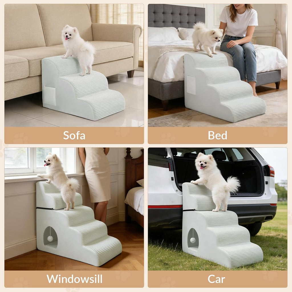 Dog Stairs for High Beds Up to 30" H with Tunnel, Extra Height 27.5" 5-Step Pet Steps for Small Dogs and Cats