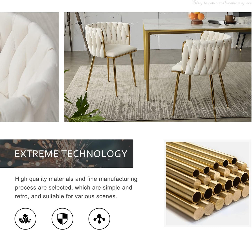 Velvet Dining Chairs Set of 4, Modern Dining Chair with Golden Metal Legs, Woven Upholstered Dining Chairs for Dining