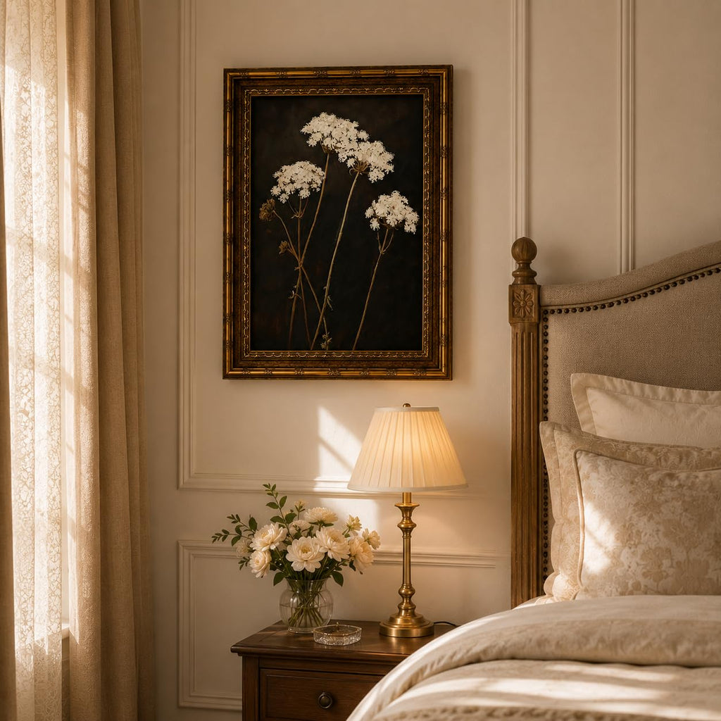 Vintage Gold Framed Floral Wall Art Retro American Mid-Century Flower Wall Decor Painting Dark Moody Flower Botonical