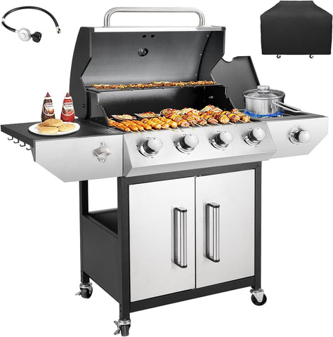 4-Burner Propane Gas Grill with Side Burner, 53,000 BTU BBQ Grill with Enameled Cast Iron Grates and Stainless Steel Cover for Patio and Garden