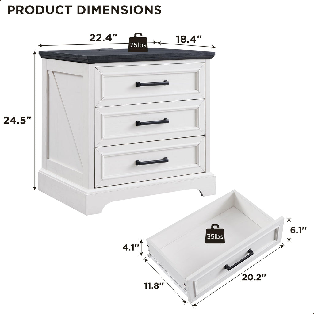 22" Farmhouse 3 Drawer, Off White