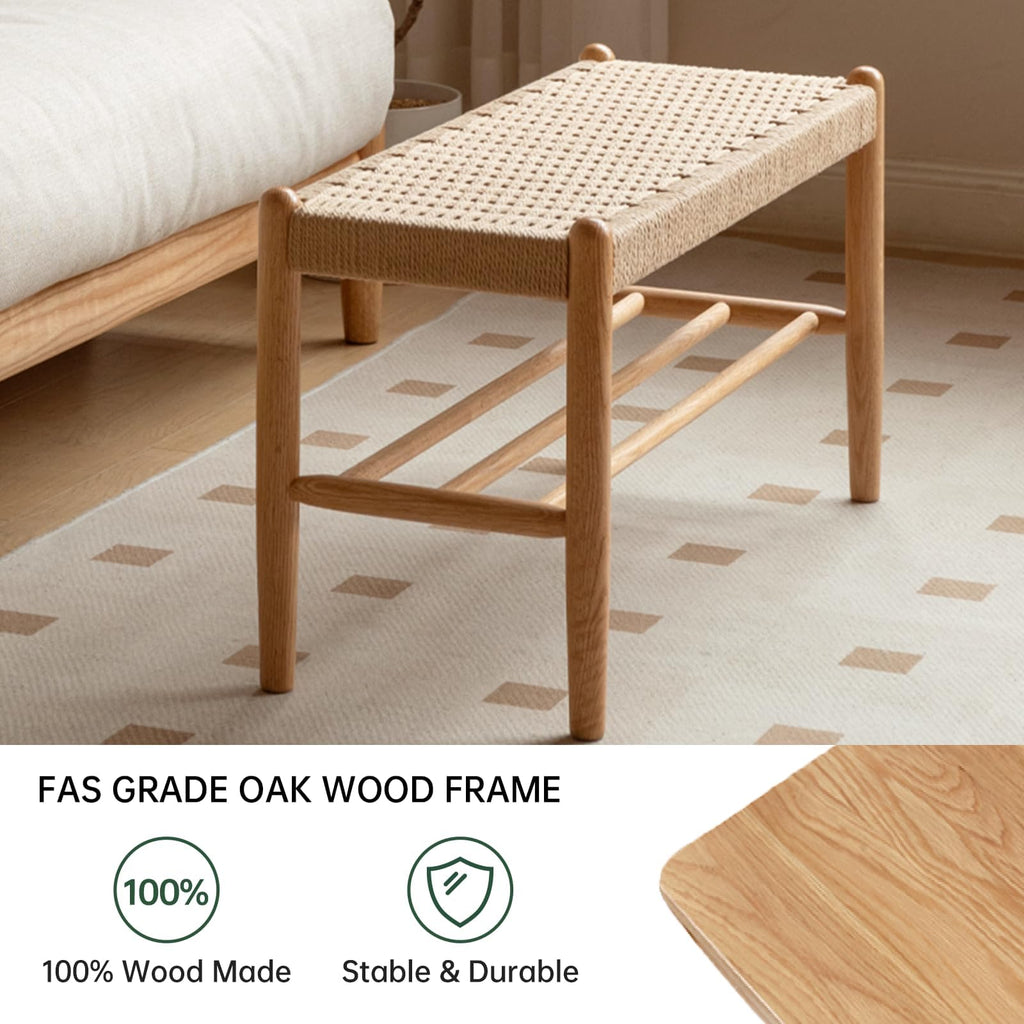 Solid Wood Shoe Bench, Natural Woven Entryway Bench for Small Spaces