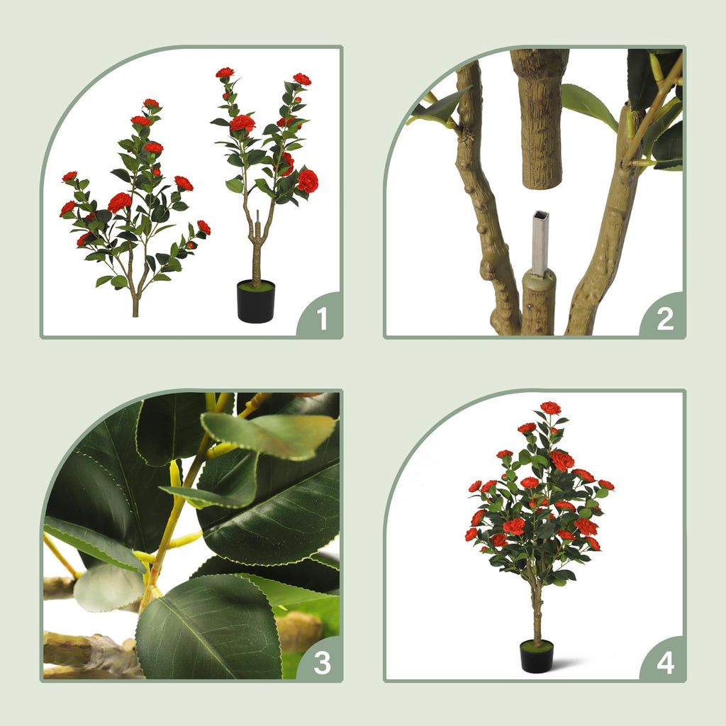 2-Pack 4FT Artificial Camellia Tree, Realistic Fake Potted Plants with Flowers&Planters, Indoor/Outdoor Faux Flowering