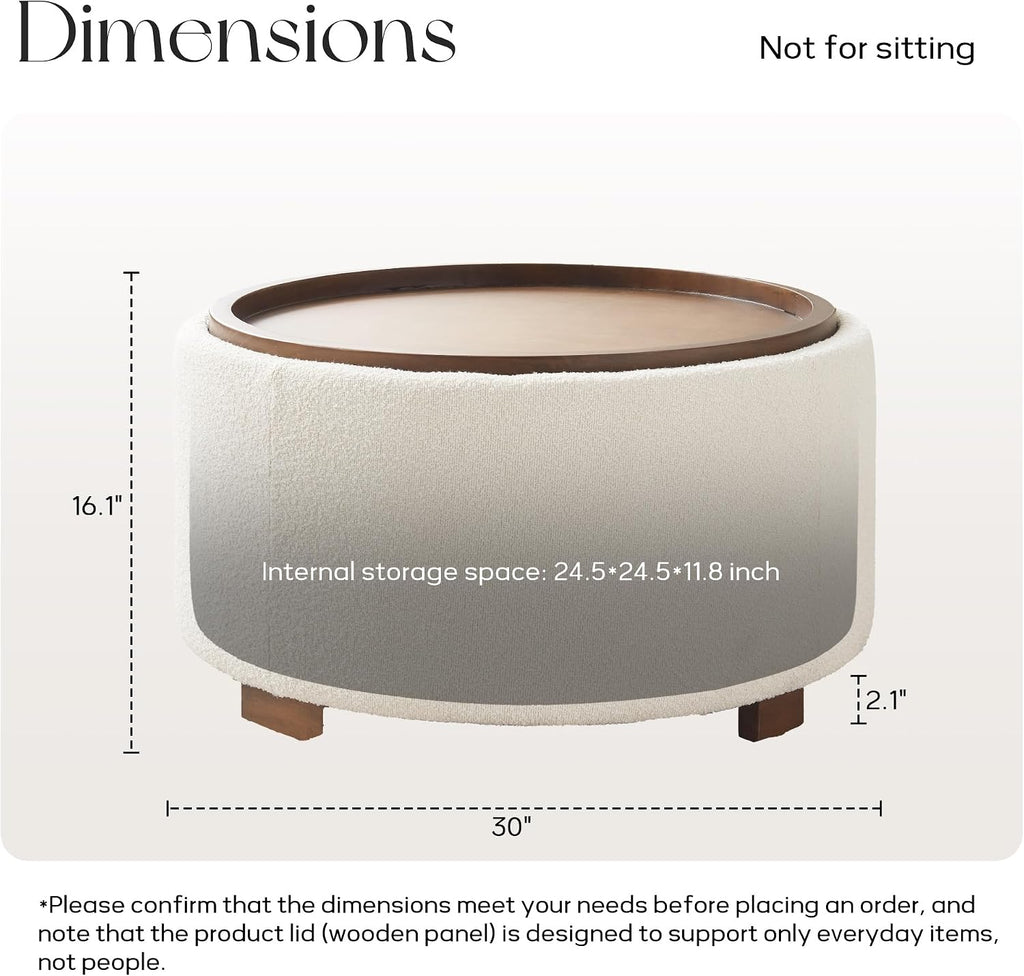 30 Inch Round Storage Ottoman, Ottoman Coffee Table with Lift Off Lid, Boucle Modern Ottomans with Storage s (Beige)