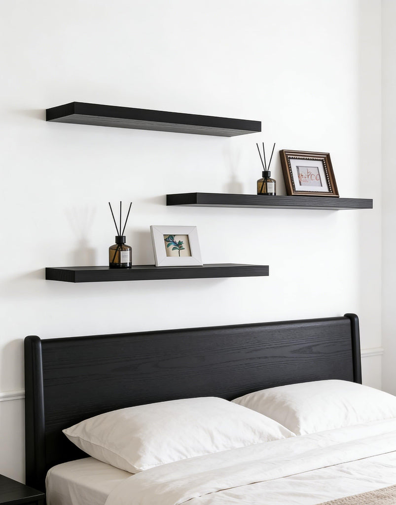 24 Inch Rustic Wood Floating Shelves Farmhouse Wooden Wall Shelves Bedroom Living Room Kitchen Office Set of 4 Black