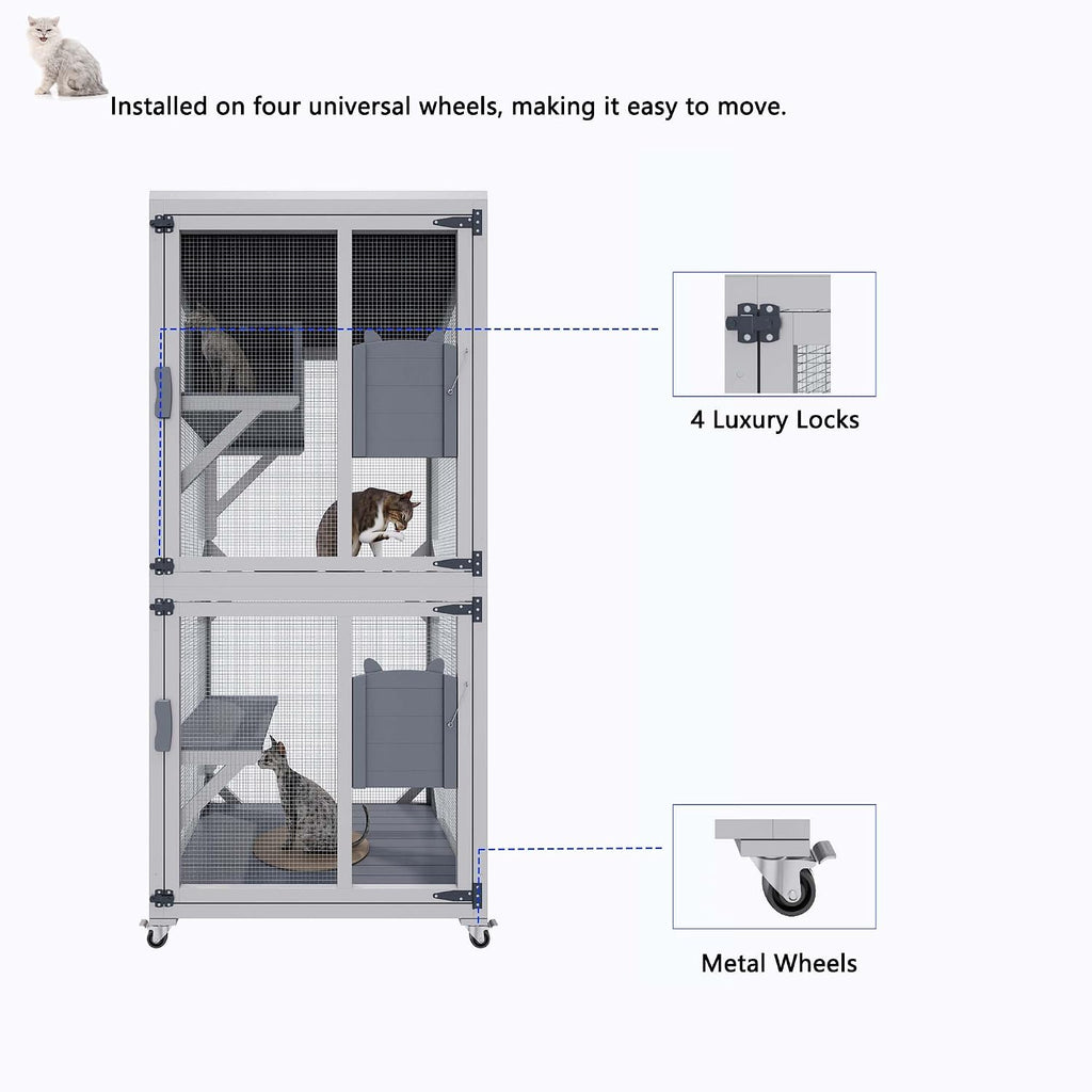 74 Inch Catio Outdoor Cat Enclosure, Tall Indoor Catio with Wheels & Platforms for Cats, Wooden Cat Cage Outdoor &